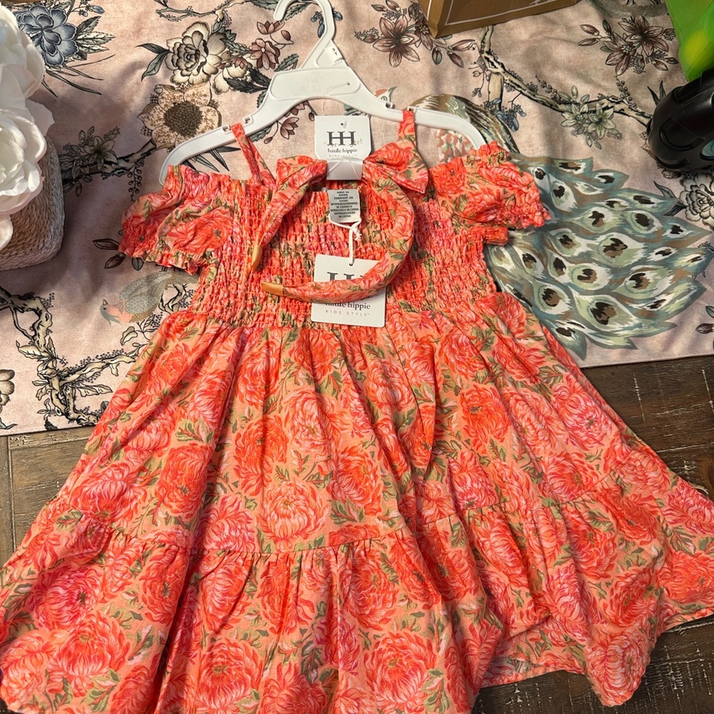 BRAND NEW toddler Haute Hippie Orange Pink Ruffled Tiered Sundress with headband